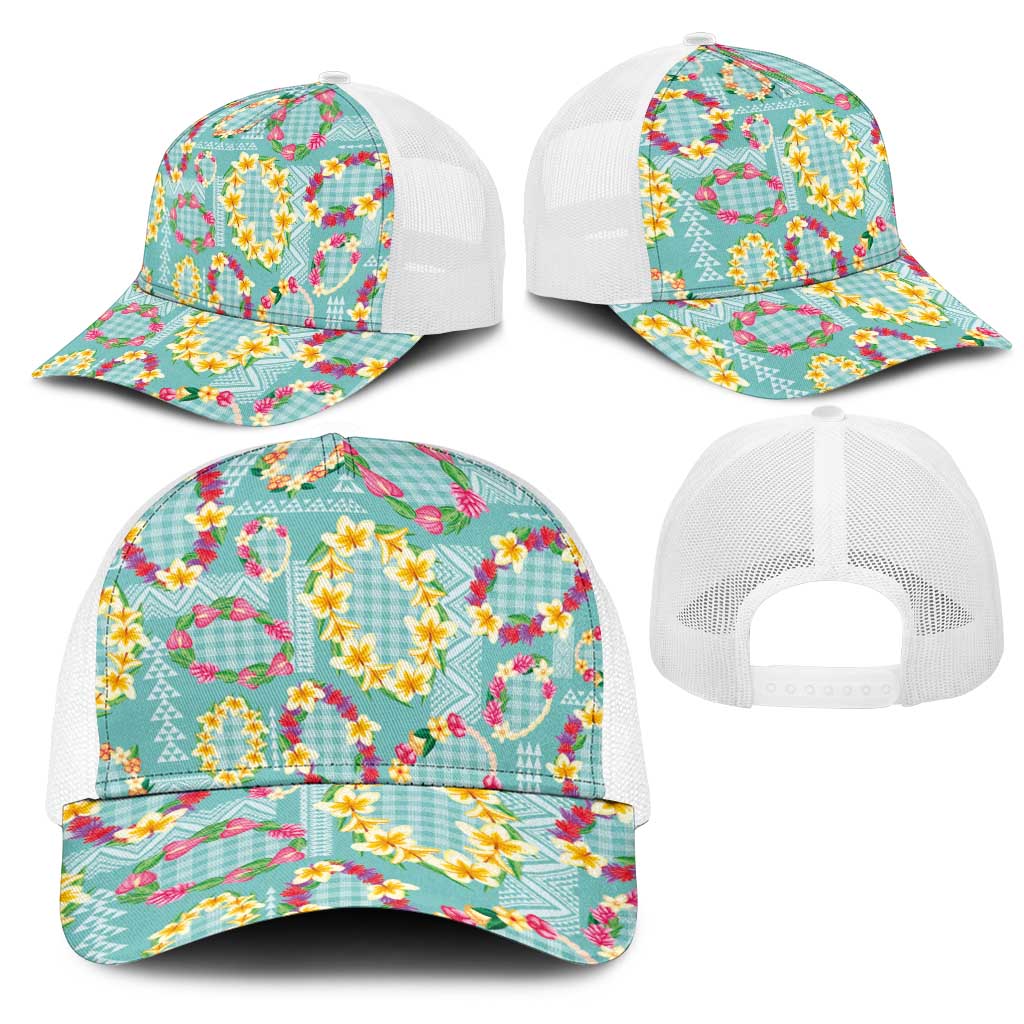 Hawaiian Leis Mesh Trucker Cap Kakau Tattoos and Palaka Pastel Teal Color LT03 - Polynesian Pride
