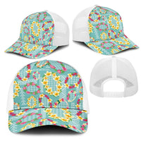 Hawaiian Leis Mesh Trucker Cap Kakau Tattoos and Palaka Pastel Teal Color LT03 - Polynesian Pride