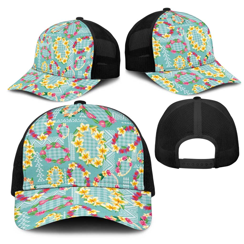Hawaiian Leis Mesh Trucker Cap Kakau Tattoos and Palaka Pastel Teal Color LT03 - Polynesian Pride