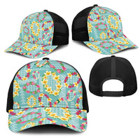 Hawaiian Leis Mesh Trucker Cap Kakau Tattoos and Palaka Pastel Teal Color LT03 - Polynesian Pride