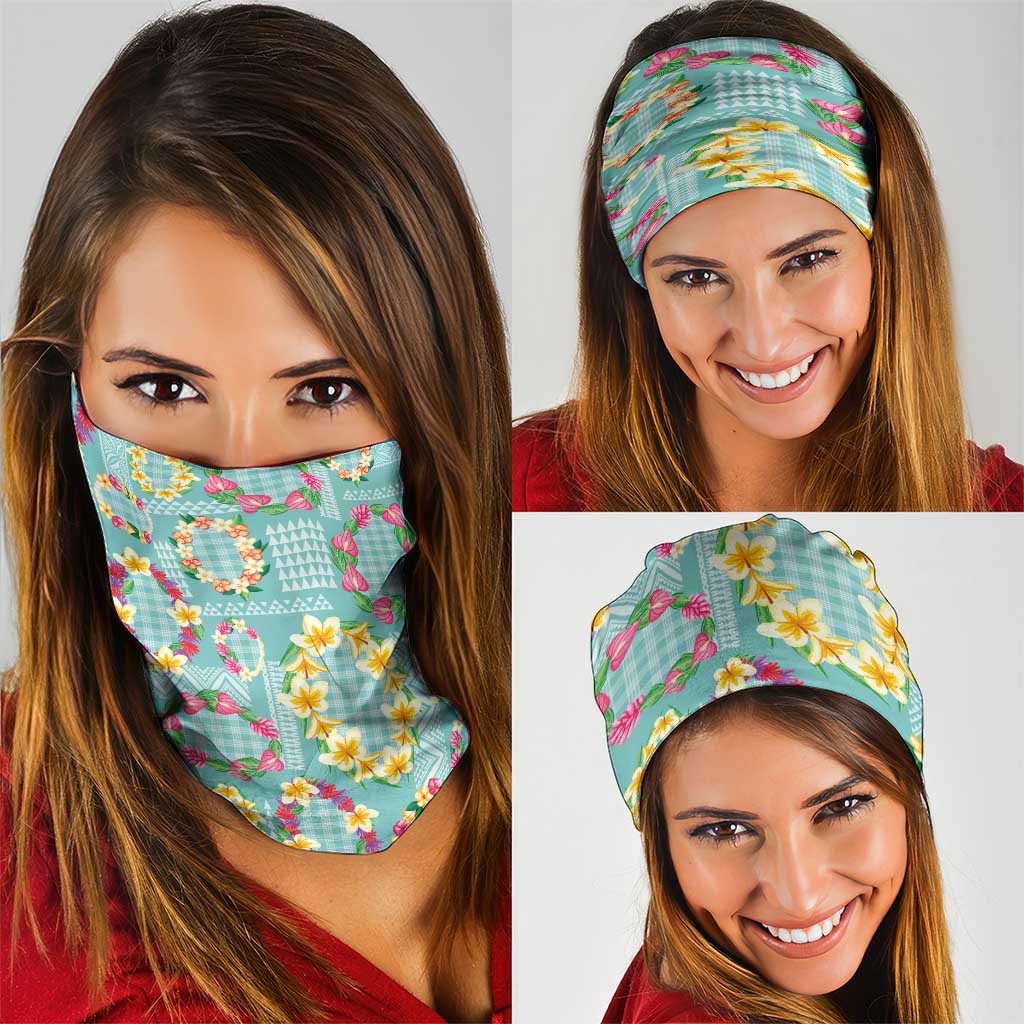 Hawaiian Leis Neck Gaiter Kakau Tattoos and Palaka Pastel Teal Color
