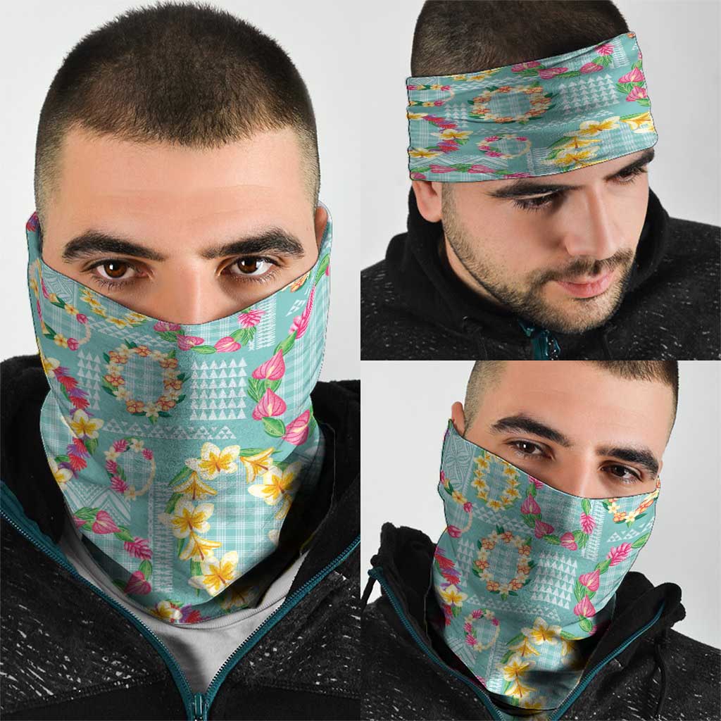 Hawaiian Leis Neck Gaiter Kakau Tattoos and Palaka Pastel Teal Color