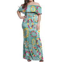Hawaiian Leis Off Shoulder Maxi Dress Kakau Tattoos and Palaka Pastel Teal Color