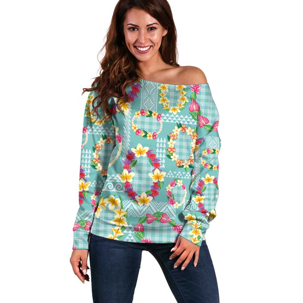 Hawaiian Leis Off Shoulder Sweater Kakau Tattoos and Palaka Pastel Teal Color LT03 Women Teal - Polynesian Pride