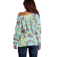 Hawaiian Leis Off Shoulder Sweater Kakau Tattoos and Palaka Pastel Teal Color LT03 - Polynesian Pride