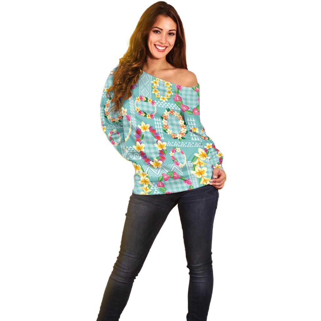 Hawaiian Leis Off Shoulder Sweater Kakau Tattoos and Palaka Pastel Teal Color LT03 - Polynesian Pride