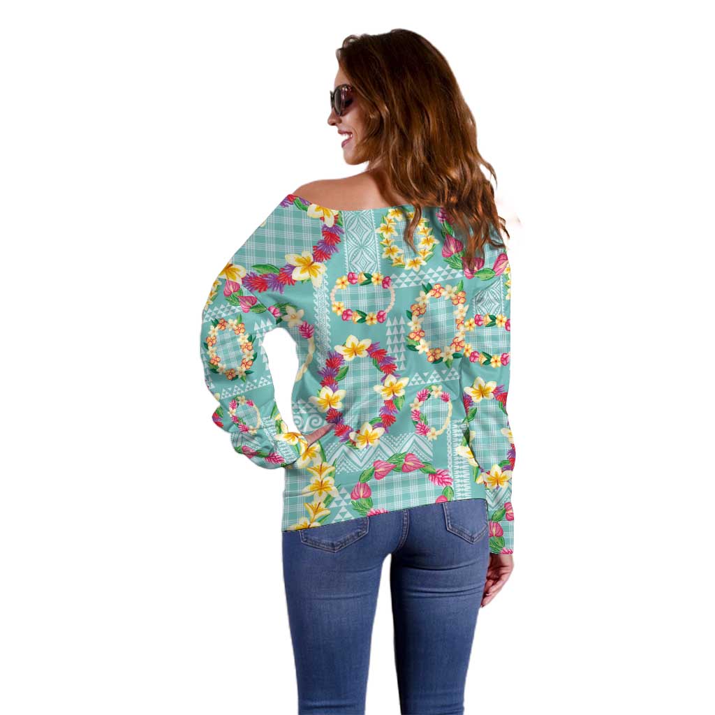 Hawaiian Leis Off Shoulder Sweater Kakau Tattoos and Palaka Pastel Teal Color LT03 - Polynesian Pride