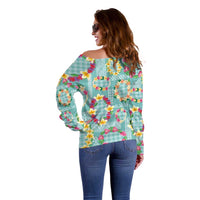 Hawaiian Leis Off Shoulder Sweater Kakau Tattoos and Palaka Pastel Teal Color LT03 - Polynesian Pride