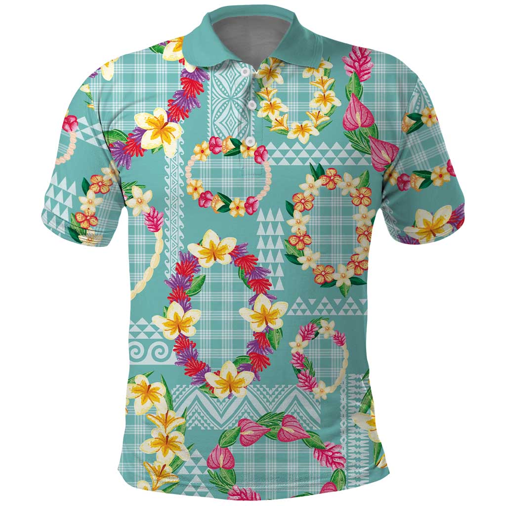 Hawaiian Leis Polo Shirt Kakau Tattoos and Palaka Pastel Teal Color