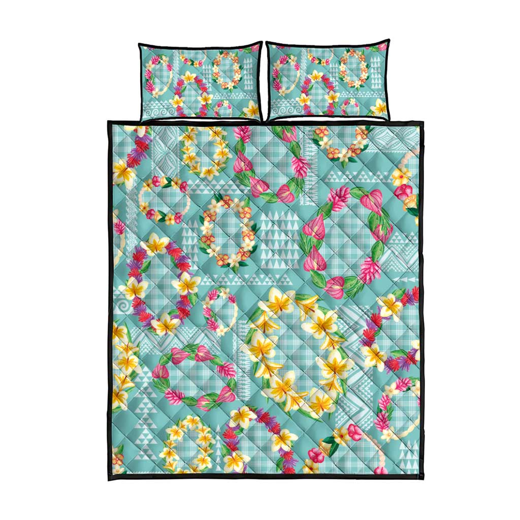 Hawaiian Leis Quilt Bed Set Kakau Tattoos and Palaka Pastel Teal Color