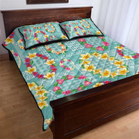 Hawaiian Leis Quilt Bed Set Kakau Tattoos and Palaka Pastel Teal Color