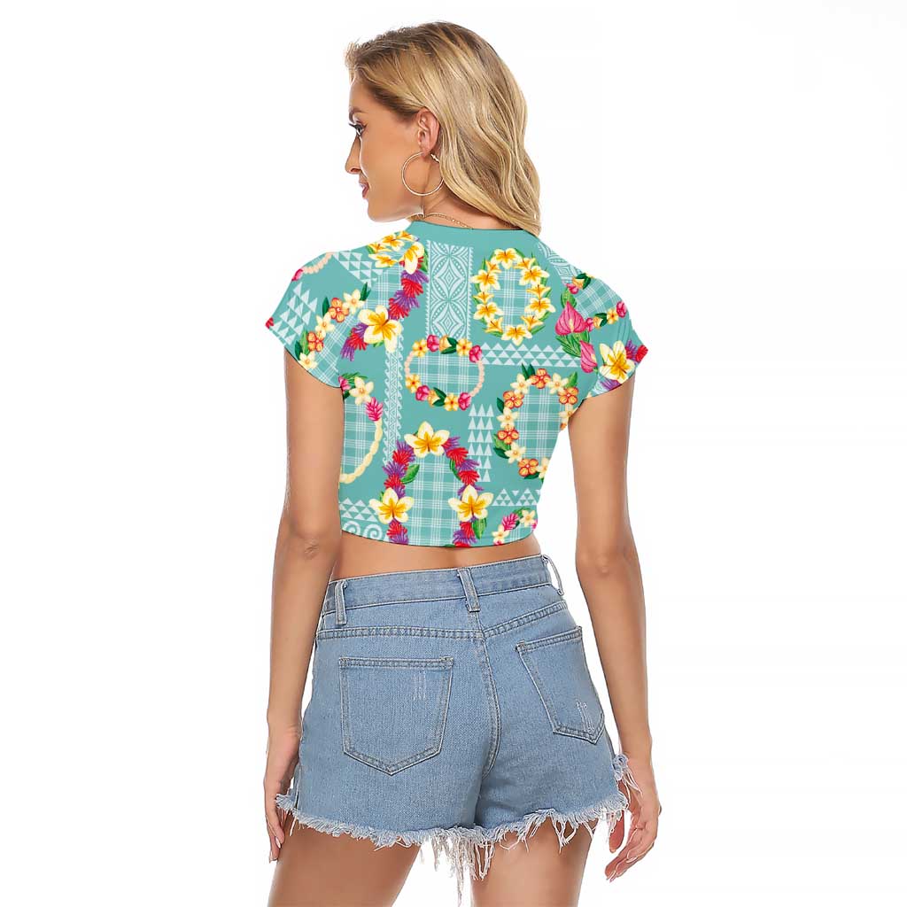 Hawaiian Leis Raglan Cropped T Shirt Kakau Tattoos and Palaka Pastel Teal Color LT03 - Polynesian Pride