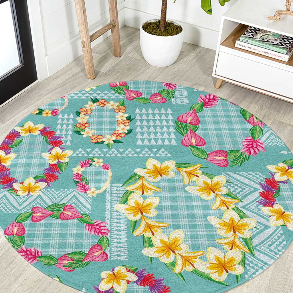 Hawaiian Leis Round Carpet Kakau Tattoos and Palaka Pastel Teal Color LT03 Teal - Polynesian Pride