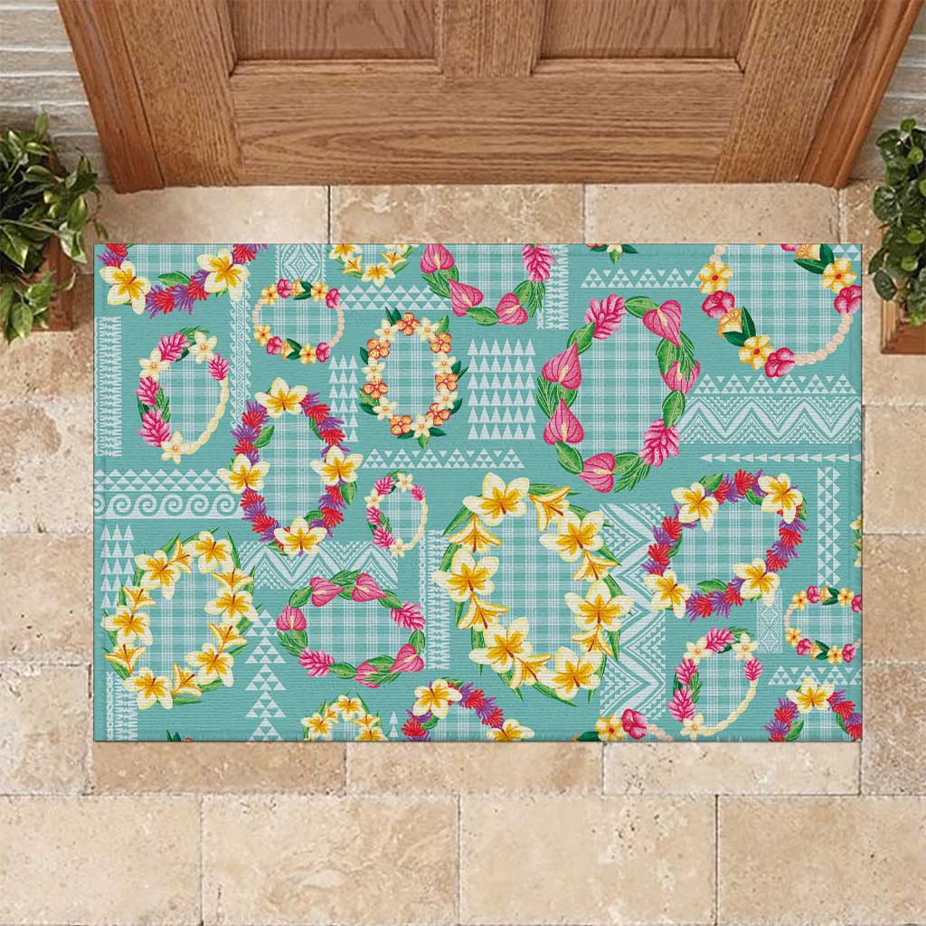 Hawaiian Leis Rubber Doormat Kakau Tattoos and Palaka Pastel Teal Color LT03 Teal - Polynesian Pride