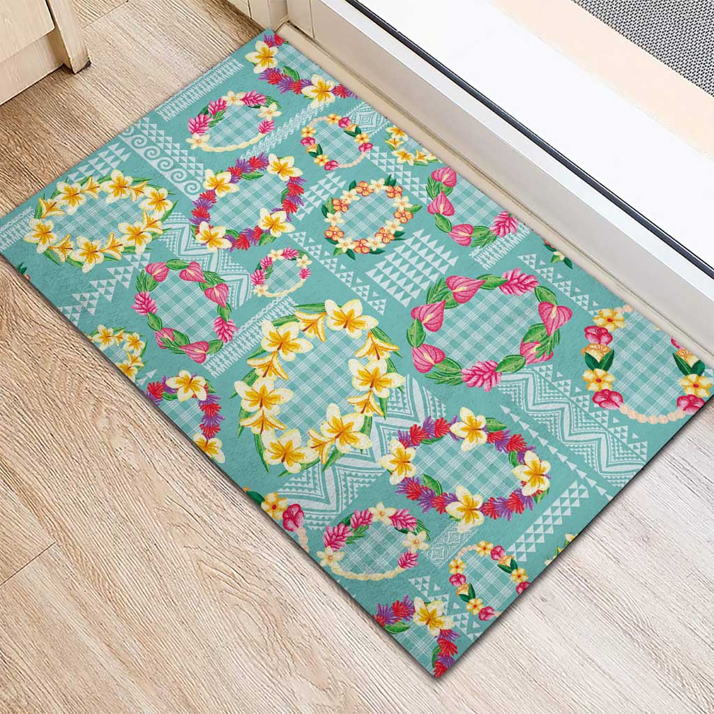 Hawaiian Leis Rubber Doormat Kakau Tattoos and Palaka Pastel Teal Color LT03 - Polynesian Pride