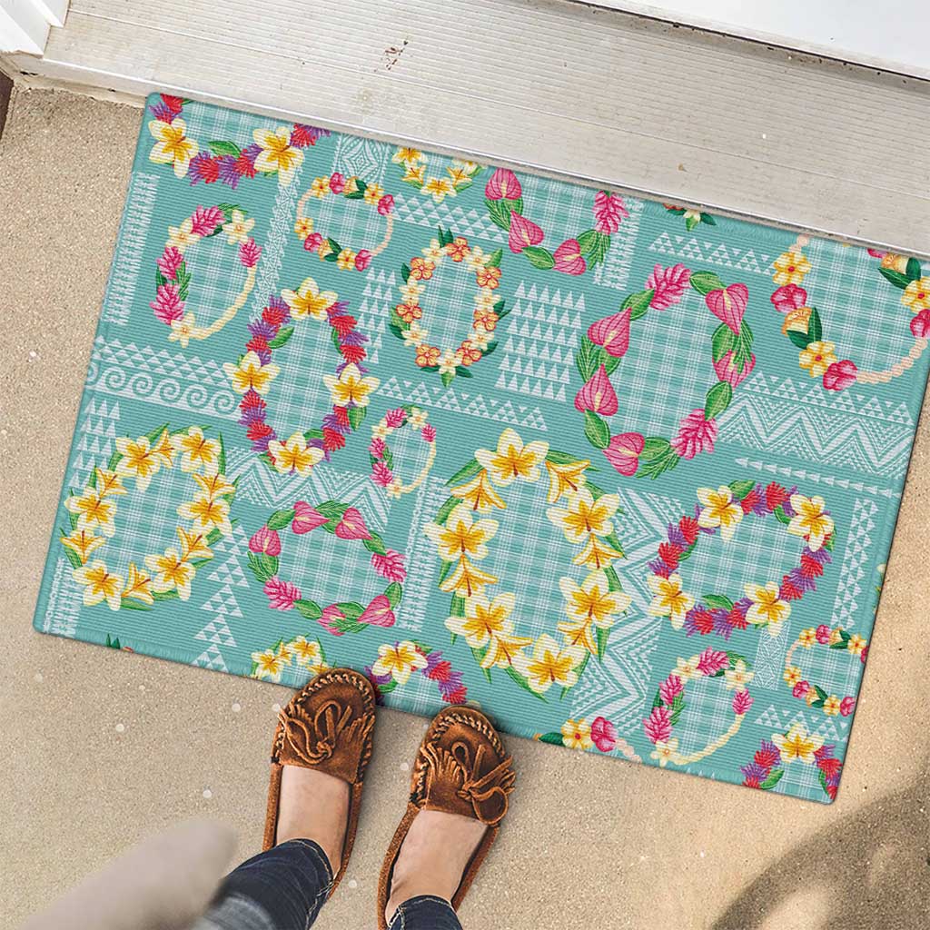 Hawaiian Leis Rubber Doormat Kakau Tattoos and Palaka Pastel Teal Color LT03 - Polynesian Pride