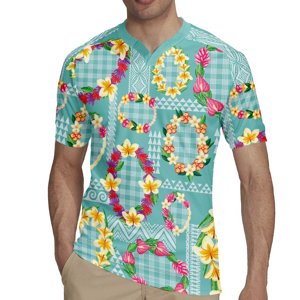 Hawaiian Leis Rugby Jersey Kakau Tattoos and Palaka Pastel Teal Color