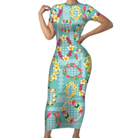Hawaiian Leis Short Sleeve Bodycon Dress Kakau Tattoos and Palaka Pastel Teal Color LT03 Long Dress Teal - Polynesian Pride