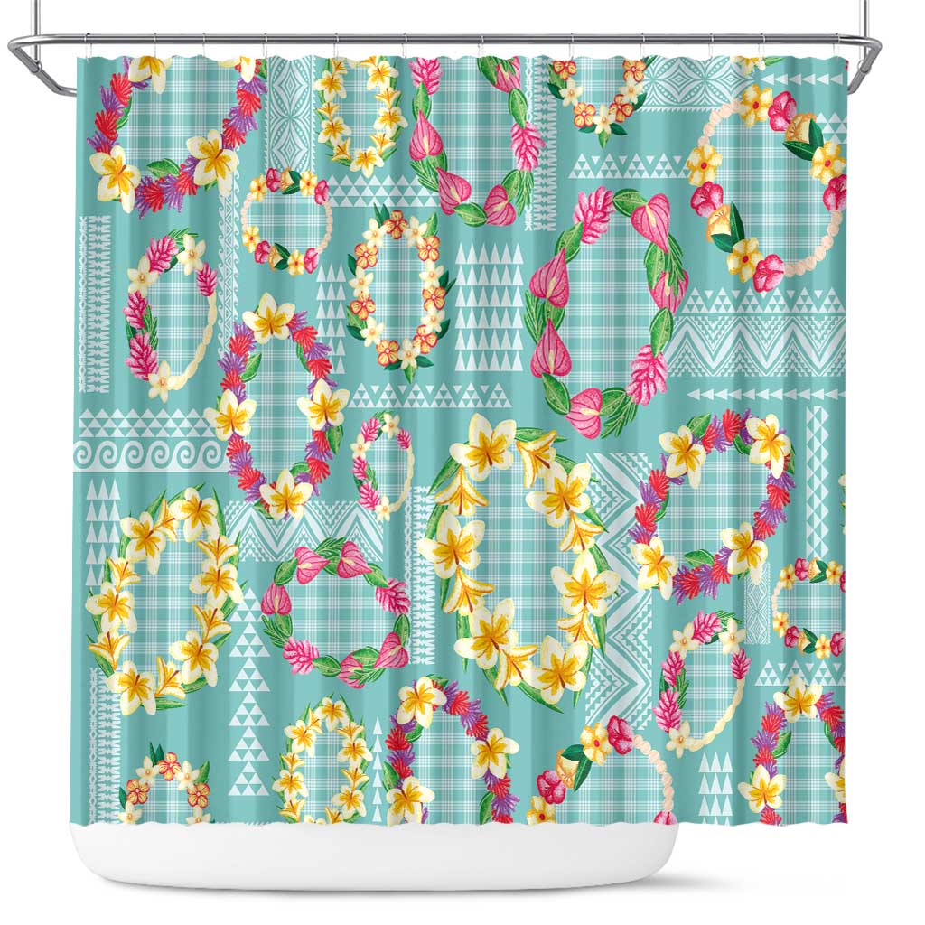 Hawaiian Leis Shower Curtain Kakau Tattoos and Palaka Pastel Teal Color LT03 Teal - Polynesian Pride
