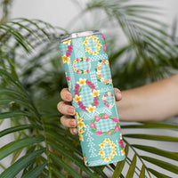 Hawaiian Leis Skinny Tumbler Kakau Tattoos and Palaka Pastel Teal Color LT03 - Polynesian Pride