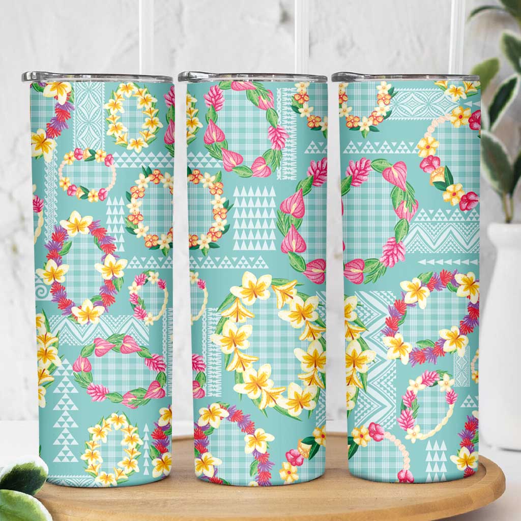 Hawaiian Leis Skinny Tumbler Kakau Tattoos and Palaka Pastel Teal Color LT03 - Polynesian Pride