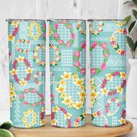 Hawaiian Leis Skinny Tumbler Kakau Tattoos and Palaka Pastel Teal Color LT03 - Polynesian Pride