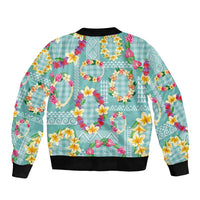 Hawaiian Leis Sleeve Zip Bomber Jacket Kakau Tattoos and Palaka Pastel Teal Color LT03 - Polynesian Pride
