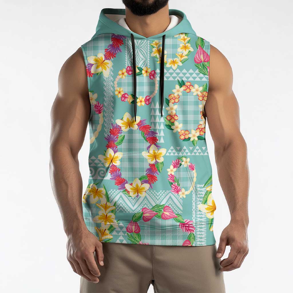 Hawaiian Leis Sleeveless Hoodie Kakau Tattoos and Palaka Pastel Teal Color LT03 - Polynesian Pride