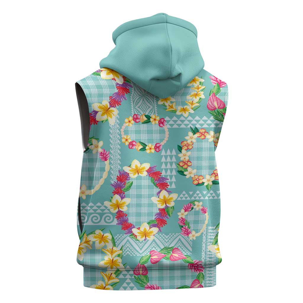 Hawaiian Leis Sleeveless Zip Hoodie Kakau Tattoos and Palaka Pastel Teal Color LT03 - Polynesian Pride