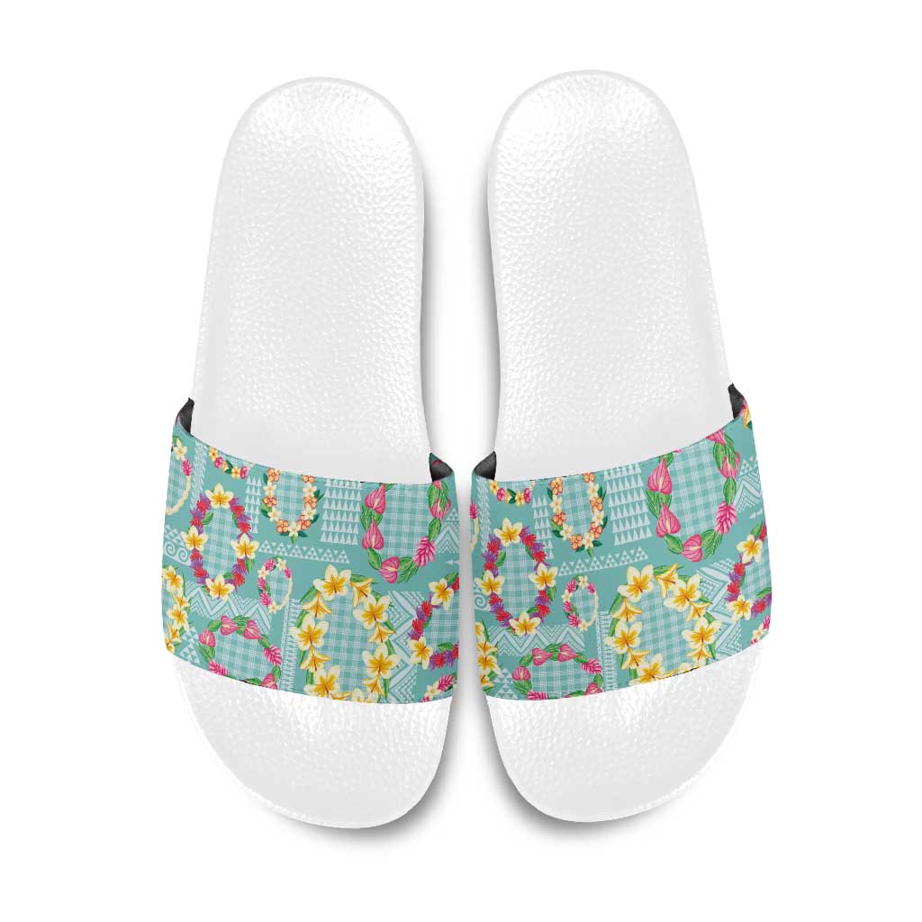 Hawaiian Leis Slide Sandals Kakau Tattoos and Palaka Pastel Teal Color