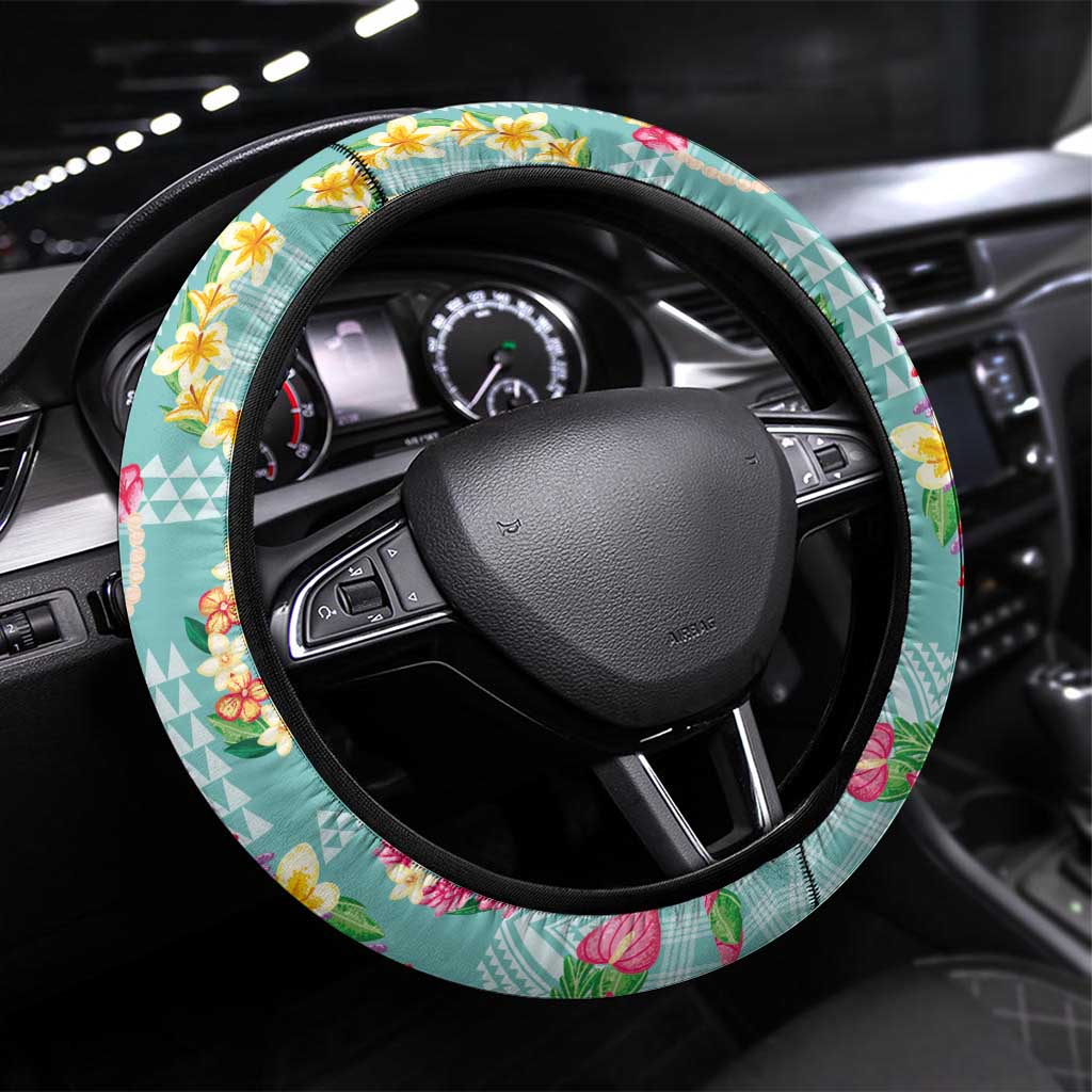 Hawaiian Leis Steering Wheel Cover Kakau Tattoos and Palaka Pastel Teal Color LT03 Universal Fit Teal - Polynesian Pride