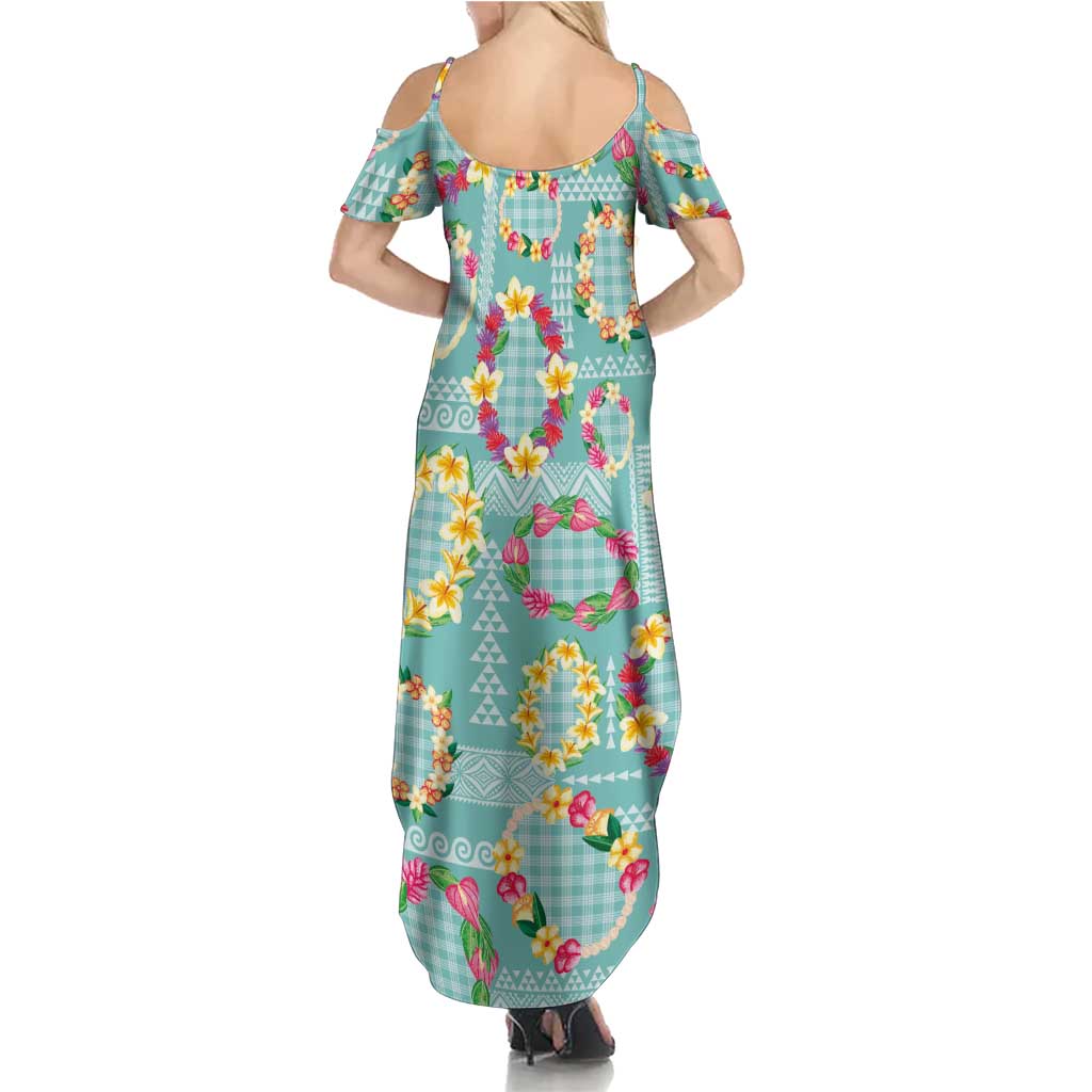 Hawaiian Leis Summer Maxi Dress Kakau Tattoos and Palaka Pastel Teal Color