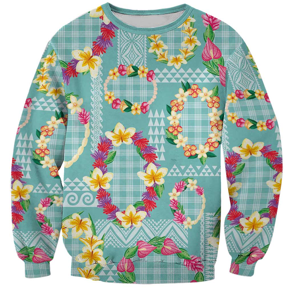 Hawaiian Leis Sweatshirt Kakau Tattoos and Palaka Pastel Teal Color LT03 Unisex Teal - Polynesian Pride
