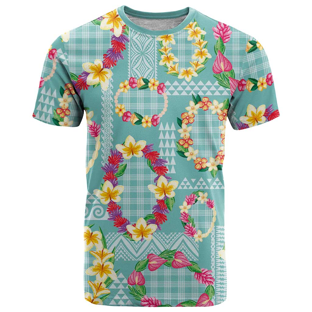Hawaiian Leis T Shirt Kakau Tattoos and Palaka Pastel Teal Color LT03 Teal - Polynesian Pride