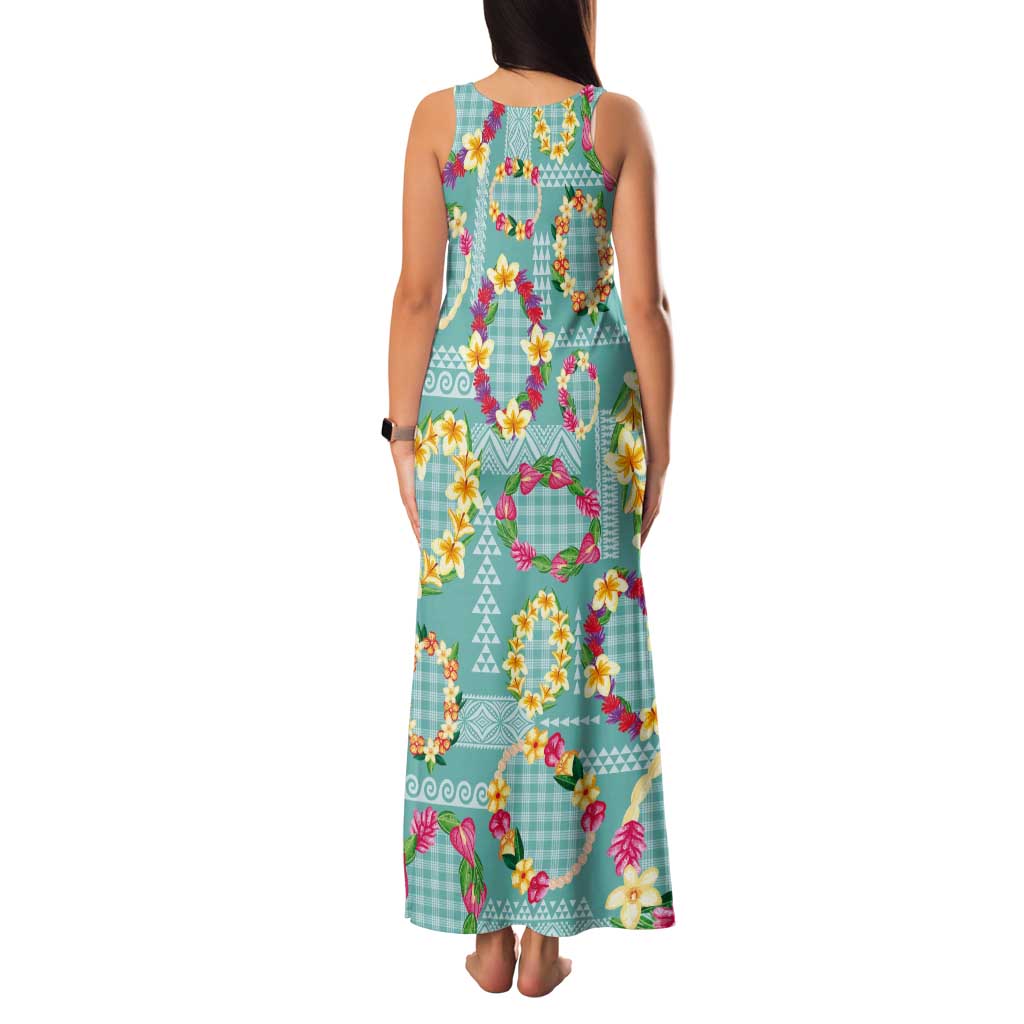 Hawaiian Leis Tank Maxi Dress Kakau Tattoos and Palaka Pastel Teal Color LT03 - Polynesian Pride