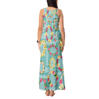 Hawaiian Leis Tank Maxi Dress Kakau Tattoos and Palaka Pastel Teal Color LT03 - Polynesian Pride