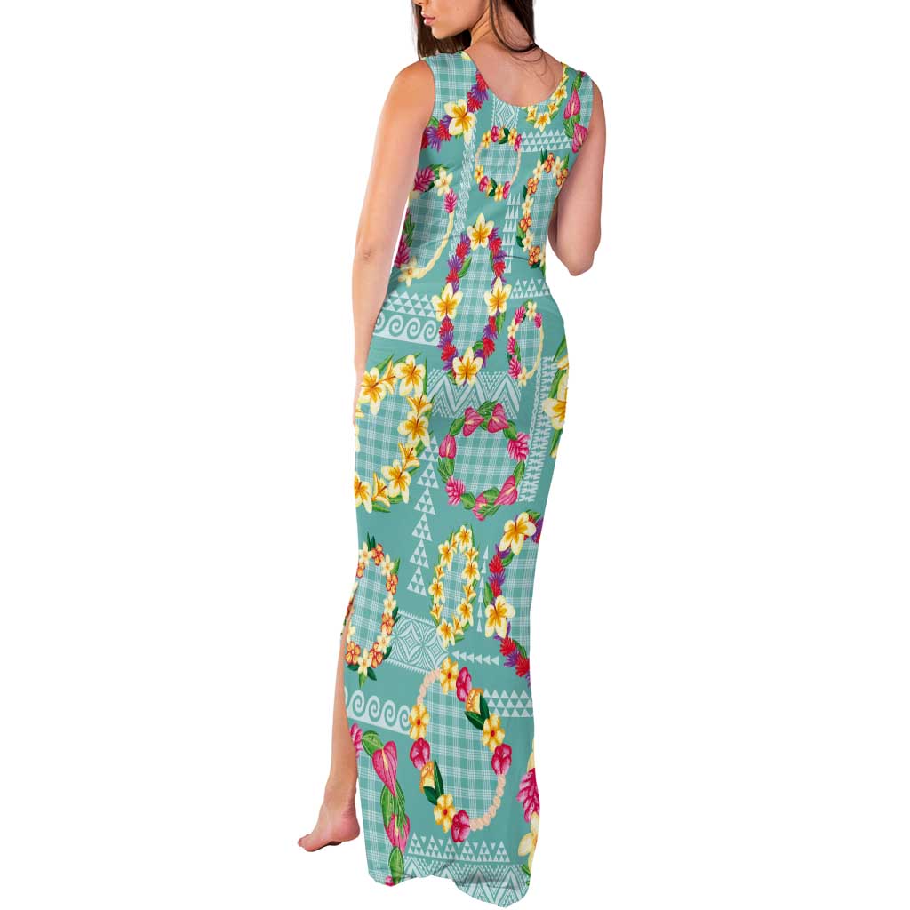 Hawaiian Leis Tank Maxi Dress Kakau Tattoos and Palaka Pastel Teal Color LT03 - Polynesian Pride