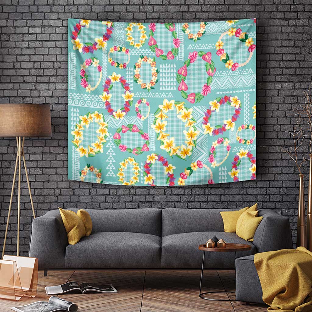 Hawaiian Leis Tapestry Kakau Tattoos and Palaka Pastel Teal Color LT03 Teal - Polynesian Pride