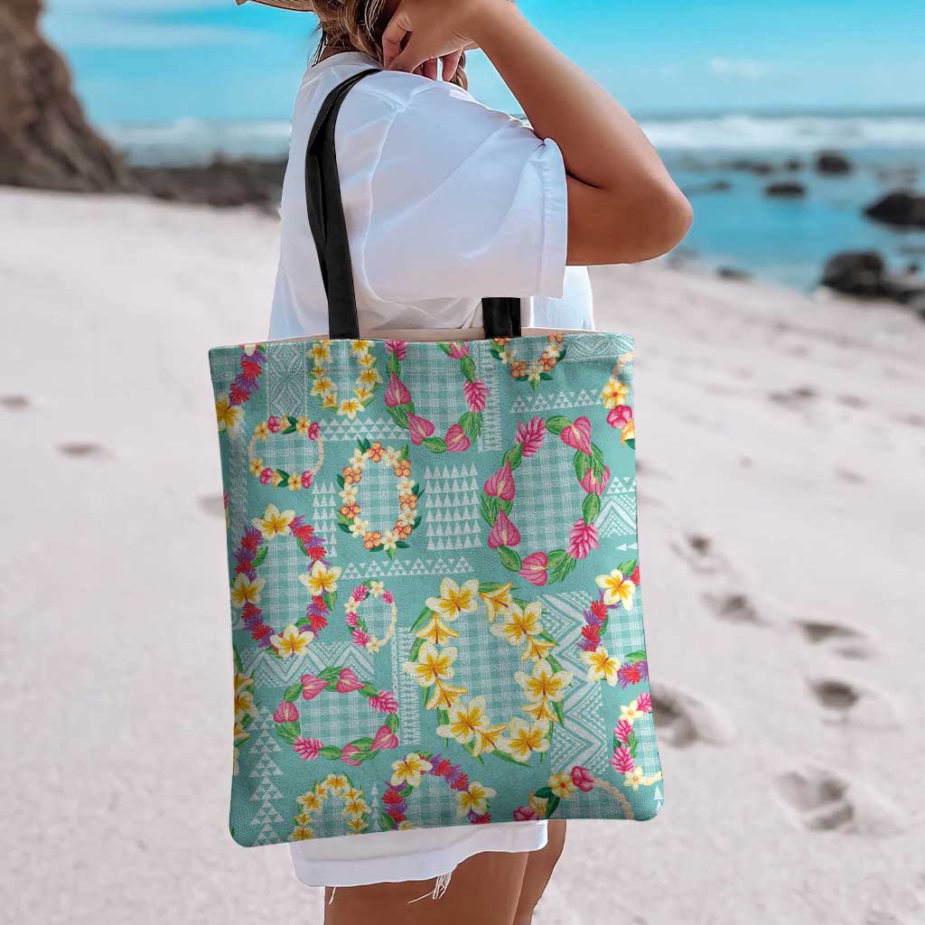 Hawaiian Leis Tote Bag Kakau Tattoos and Palaka Pastel Teal Color
