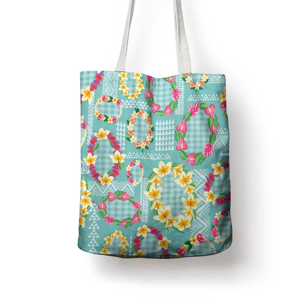 Hawaiian Leis Tote Bag Kakau Tattoos and Palaka Pastel Teal Color