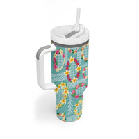 Hawaiian Leis Tumbler With Handle Kakau Tattoos and Palaka Pastel Teal Color