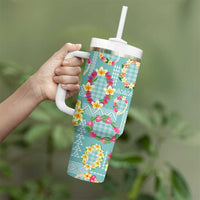 Hawaiian Leis Tumbler With Handle Kakau Tattoos and Palaka Pastel Teal Color