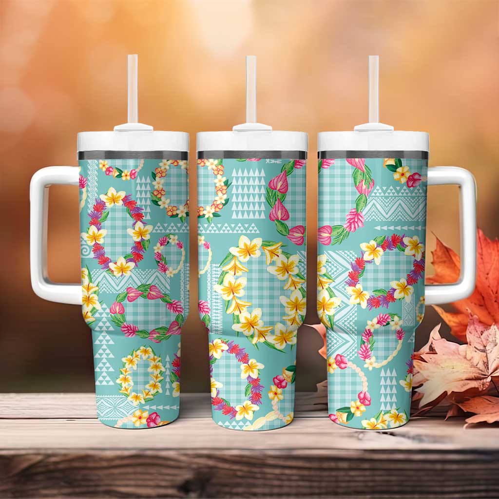 Hawaiian Leis Tumbler With Handle Kakau Tattoos and Palaka Pastel Teal Color