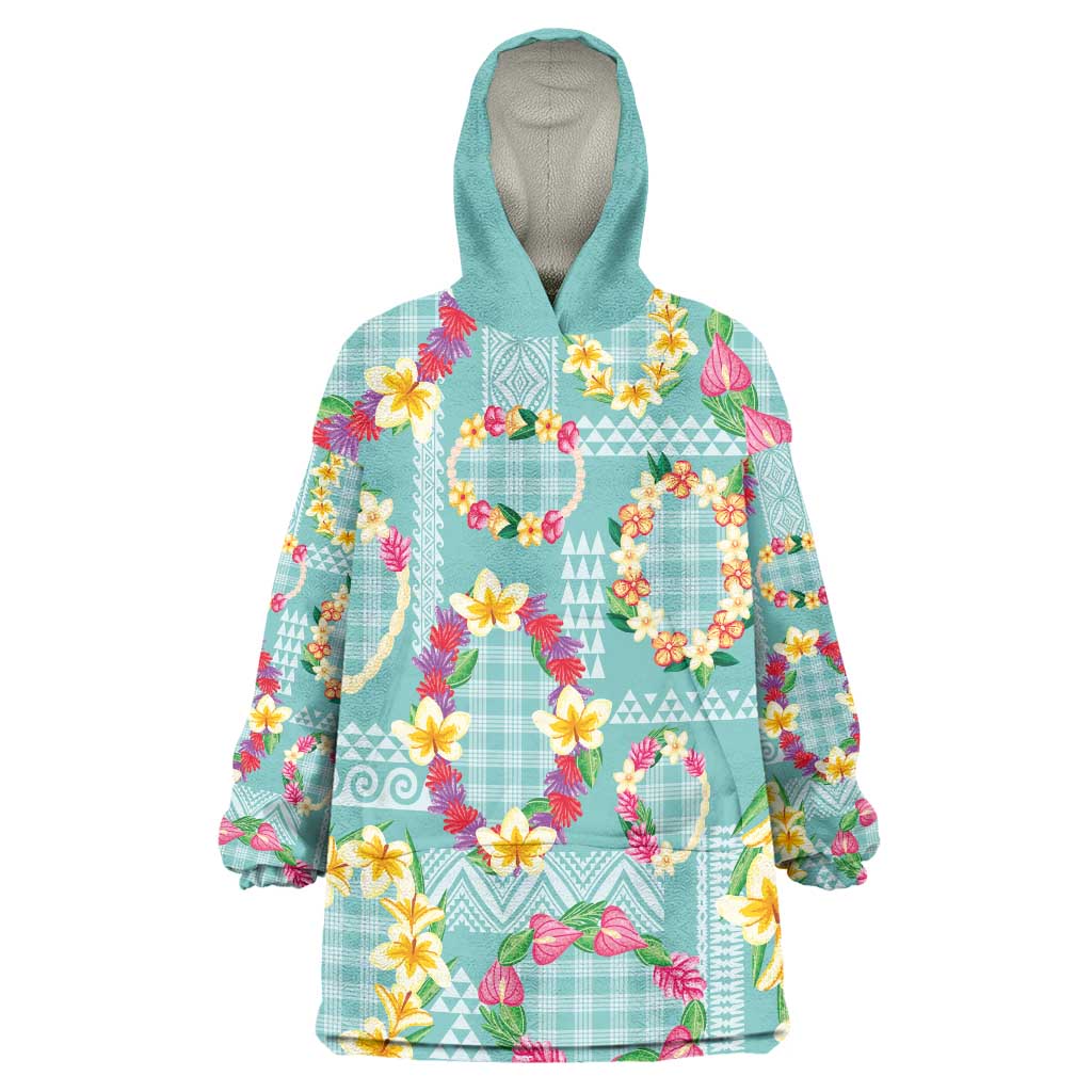 Hawaiian Leis Wearable Blanket Hoodie Kakau Tattoos and Palaka Pastel Teal Color