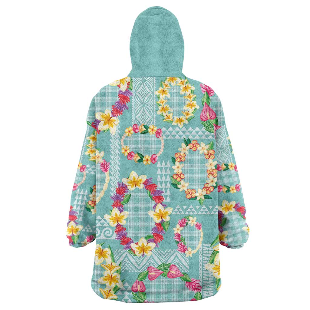 Hawaiian Leis Wearable Blanket Hoodie Kakau Tattoos and Palaka Pastel Teal Color LT03 - Polynesian Pride
