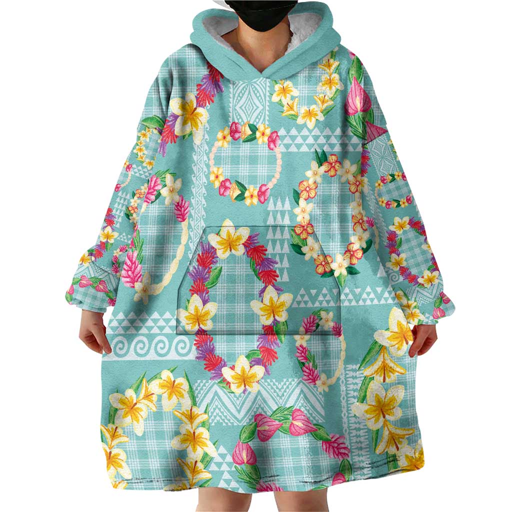 Hawaiian Leis Wearable Blanket Hoodie Kakau Tattoos and Palaka Pastel Teal Color LT03 - Polynesian Pride