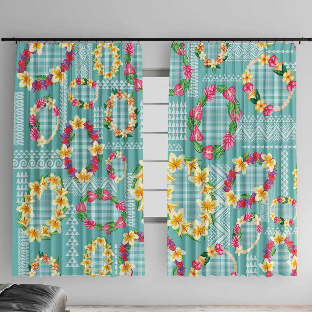Hawaiian Leis Window Curtain Kakau Tattoos and Palaka Pastel Teal Color LT03 With Hooks Teal - Polynesian Pride