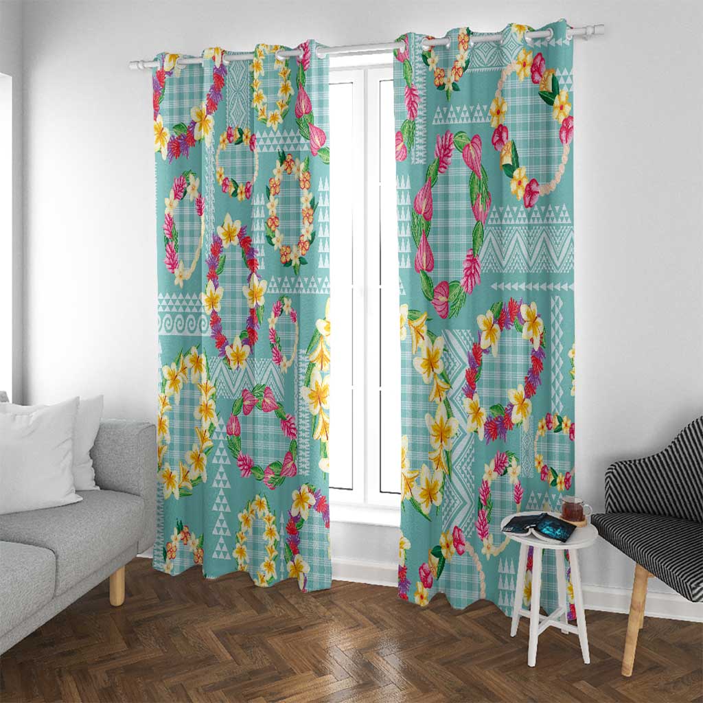 Hawaiian Leis Window Curtain Kakau Tattoos and Palaka Pastel Teal Color LT03 With Grommets Teal - Polynesian Pride