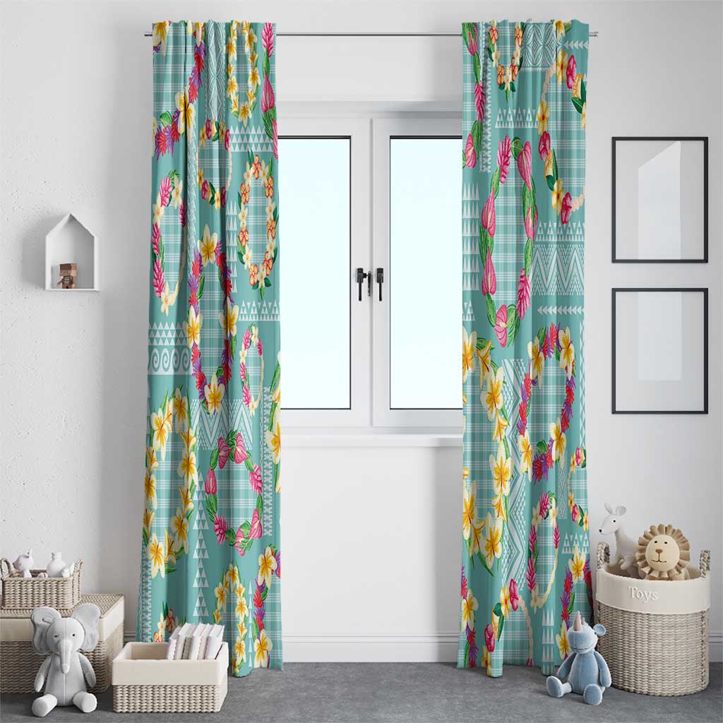 Hawaiian Leis Window Curtain Kakau Tattoos and Palaka Pastel Teal Color LT03 - Polynesian Pride