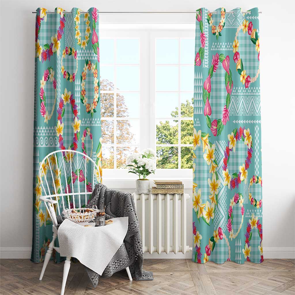 Hawaiian Leis Window Curtain Kakau Tattoos and Palaka Pastel Teal Color LT03 - Polynesian Pride